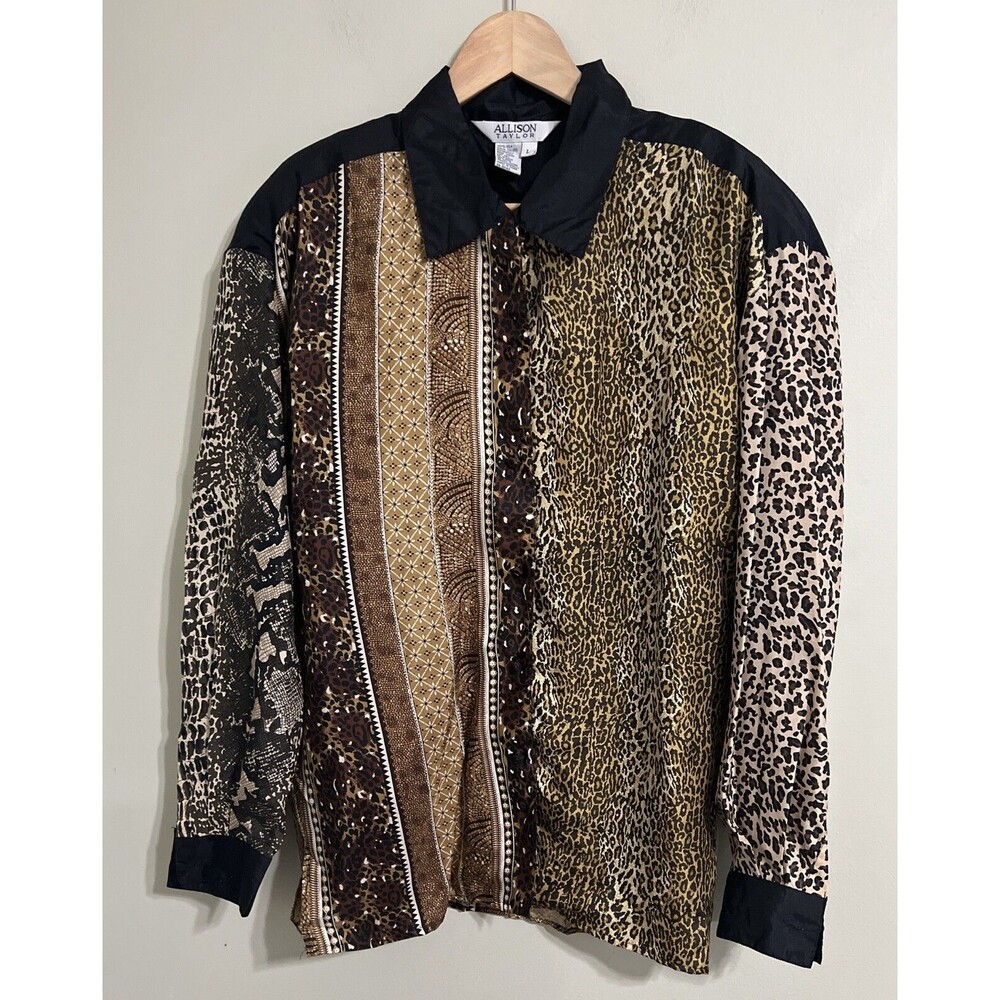 Vintage Allison Taylor Cheetah Print 100% Silk Button Up Shirt  Women Size L